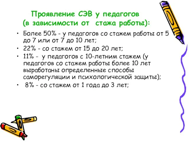 Проявление СЭВ у педагогов (в зависимости от стажа работы): Более 50% -