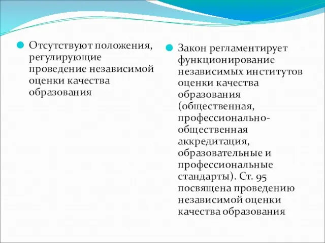 Отсутствуют положения, регулирующие проведение независимой оценки качества образования Закон регламентирует функционирование независимых