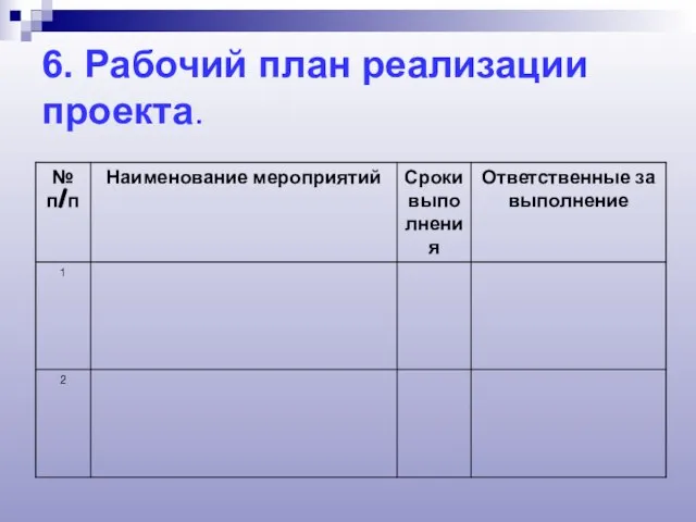 6. Рабочий план реализации проекта.