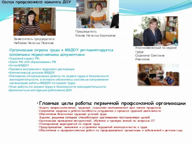 Состав профсоюзного комитета ДОУ Председатель Ускова Наталья Борисовна Заместитель председателя Набиева Наталья