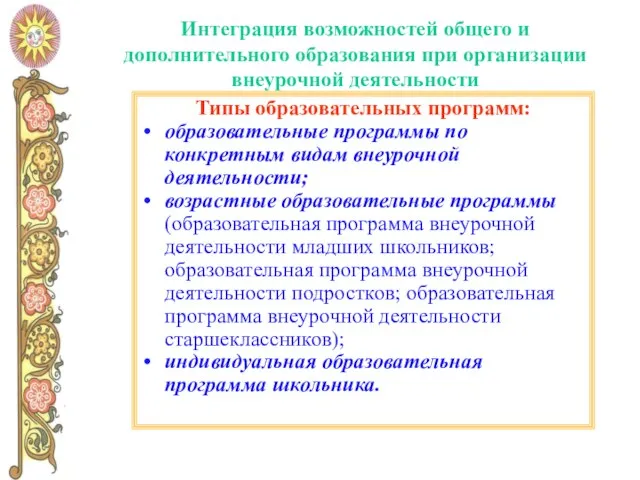 Интеграция возможностей общего и дополнительного образования при организации внеурочной деятельности Типы образовательных