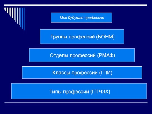 Моя будущая профессия Группы профессий (БОНМ) Отделы профессий (РМАФ) Классы профессий (ГПИ) Типы профессий (ПТЧЗХ)