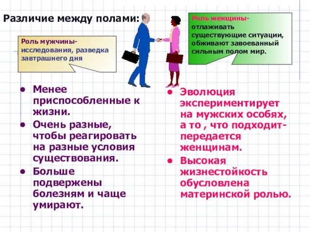 Различие между полами: Менее приспособленные к жизни. Очень разные, чтобы реагировать на