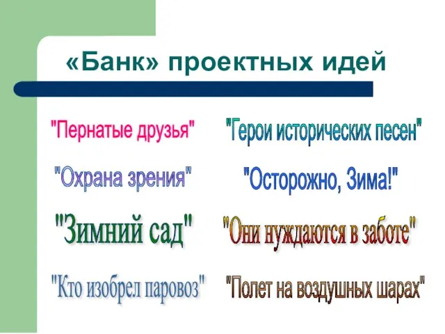 «Банк» проектных идей "Герои исторических песен" "Пернатые друзья" "Осторожно, Зима!" "Кто изобрел