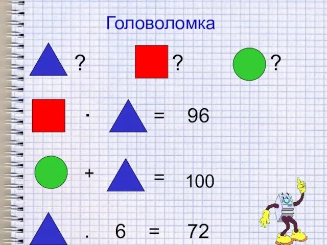 Головоломка = 96 . + = 100 . 6 = 72 ? ? ?