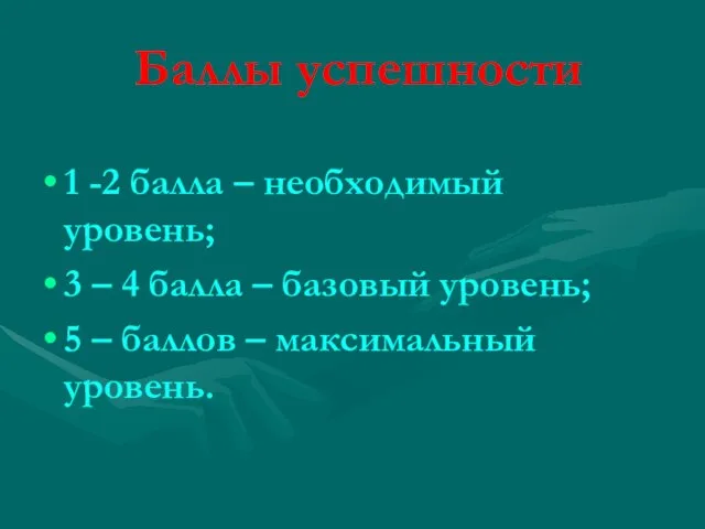 Баллы успешности 1 -2 балла – необходимый уровень; 3 – 4 балла