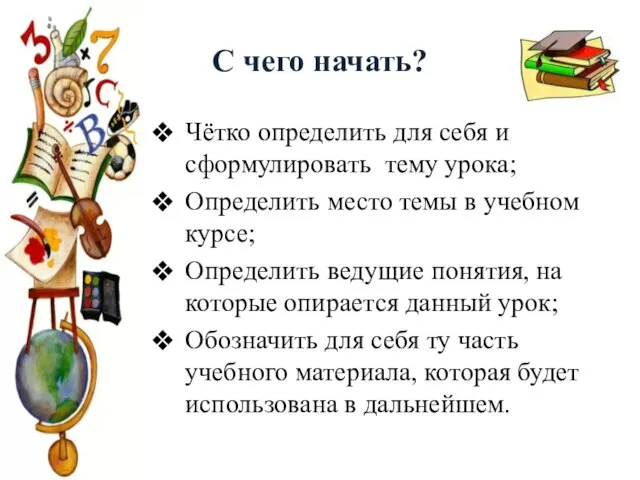 С чего начать? Чётко определить для себя и сформулировать тему урока; Определить