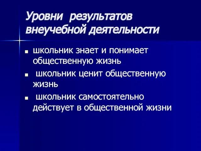 Уровни результатов внеучебной деятельности школьник знает и понимает общественную жизнь школьник ценит