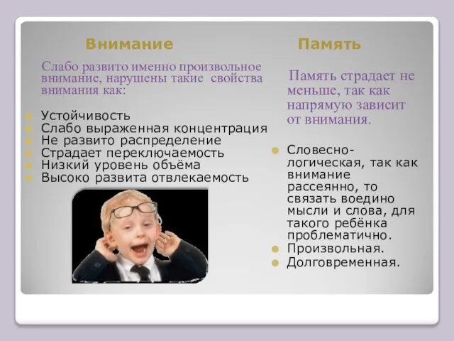 Внимание Память Слабо развито именно произвольное внимание, нарушены такие свойства внимания как: