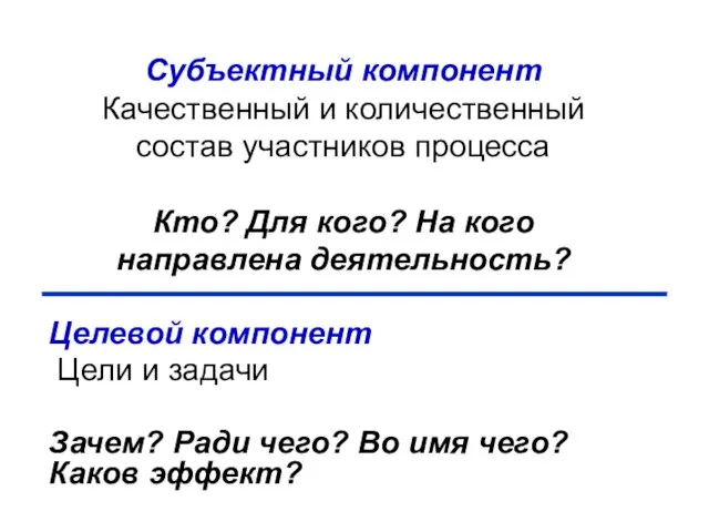 Субъектный компонент Качественный и количественный состав участников процесса Кто? Для кого? На