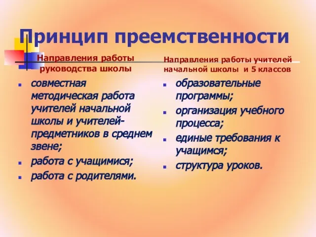 Принцип преемственности Направления работы руководства школы совместная методическая работа учителей начальной школы