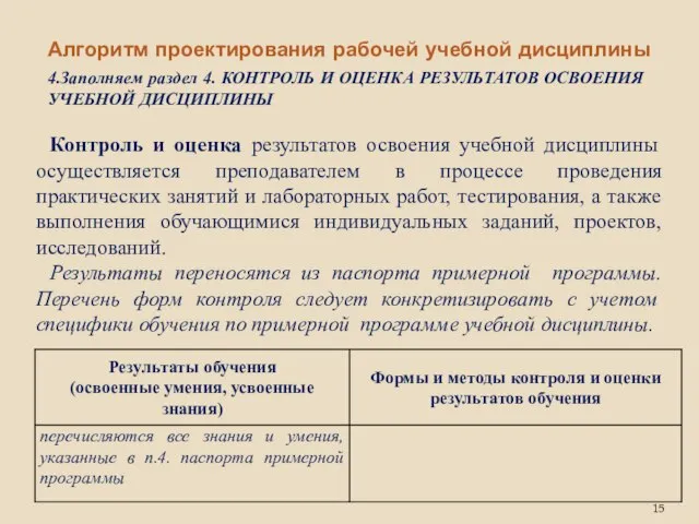 Алгоритм проектирования рабочей учебной дисциплины 4.Заполняем раздел 4. КОНТРОЛЬ И ОЦЕНКА РЕЗУЛЬТАТОВ