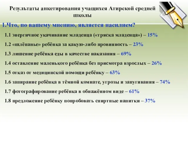 Результаты анкетирования учащихся Атирской средней школы 1.Что, по вашему мнению, является насилием?