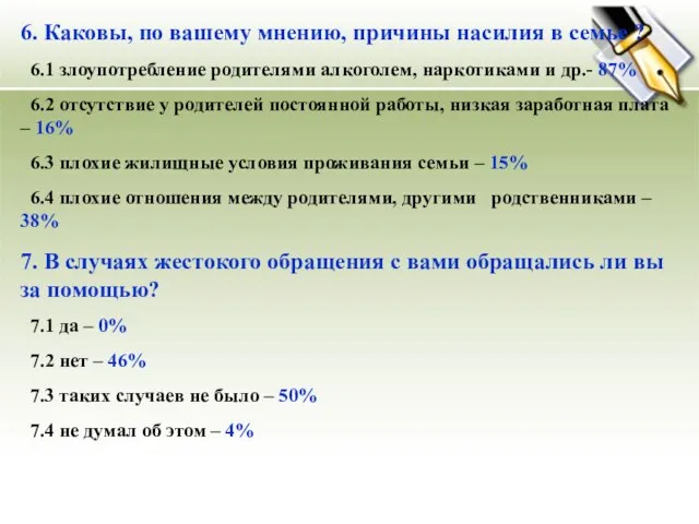 6. Каковы, по вашему мнению, причины насилия в семье ? 6.1 злоупотребление