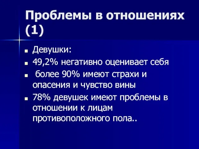 Проблемы в отношениях (1) Девушки: 49,2% негативно оценивает себя более 90% имеют