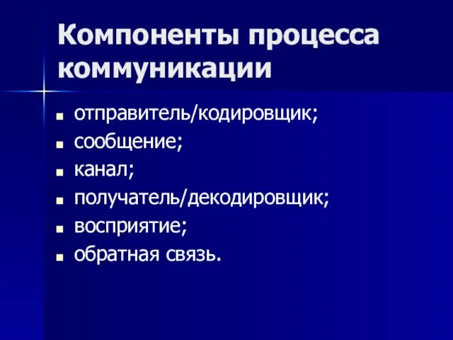 Компоненты процесса коммуникации отправитель/кодировщик; сообщение; канал; получатель/декодировщик; восприятие; обратная связь.