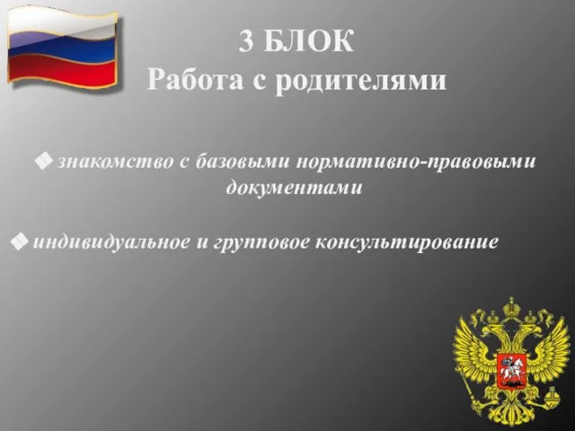 3 БЛОК Работа с родителями индивидуальное и групповое консультирование знакомство с базовыми нормативно-правовыми документами