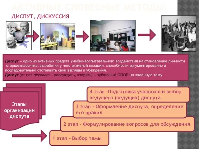 АКТИВНЫЕ СЛОВЕСНЫЕ МЕТОДЫ: ДИСПУТ, ДИСКУССИЯ Диспут – одно из активных средств учебно-воспитательного