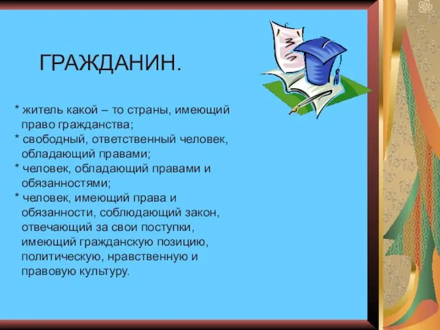 ГРАЖДАНИН. * житель какой – то страны, имеющий право гражданства; * свободный,