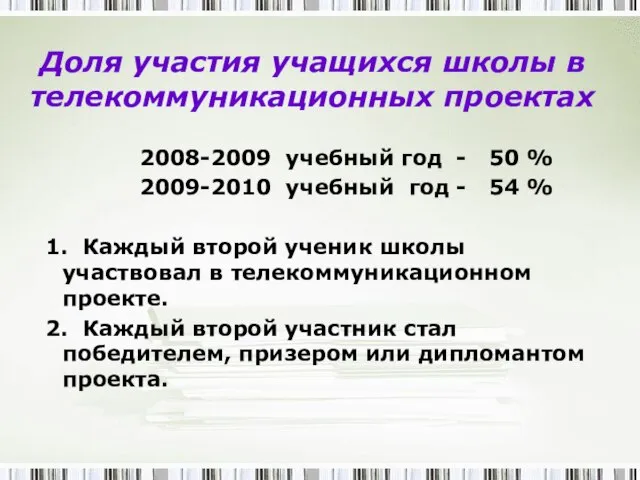 Доля участия учащихся школы в телекоммуникационных проектах 2008-2009 учебный год - 50