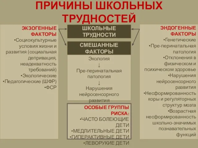 ПРИЧИНЫ ШКОЛЬНЫХ ТРУДНОСТЕЙ ЭКЗОГЕННЫЕ ФАКТОРЫ Социокультурные условия жизни и развития (социальная депривация,