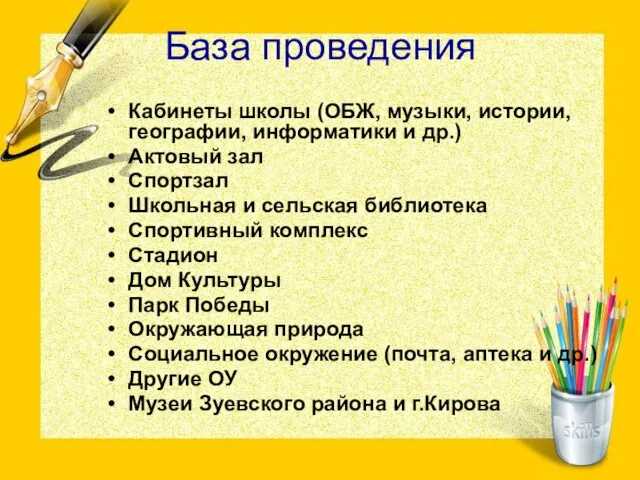 База проведения Кабинеты школы (ОБЖ, музыки, истории, географии, информатики и др.) Актовый