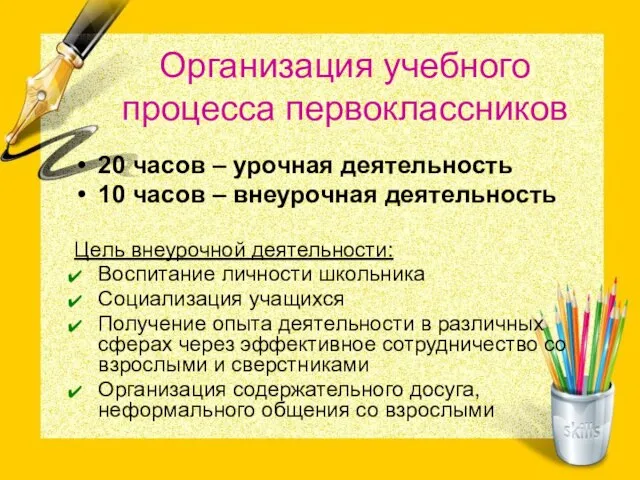 Организация учебного процесса первоклассников 20 часов – урочная деятельность 10 часов –