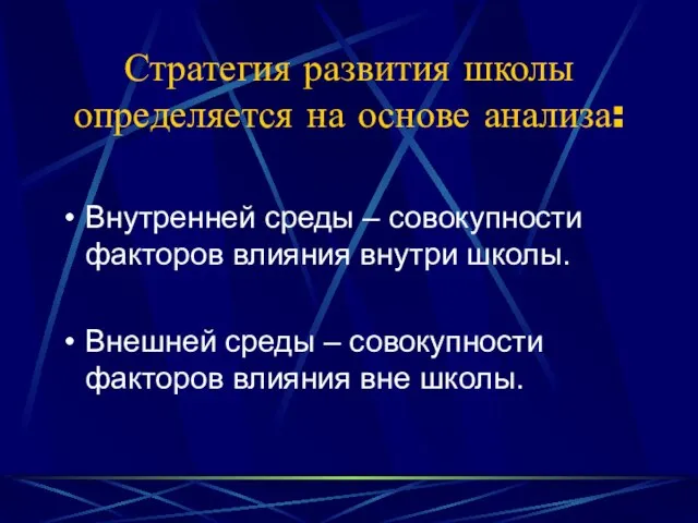 Стратегия развития школы определяется на основе анализа: Внутренней среды – совокупности факторов