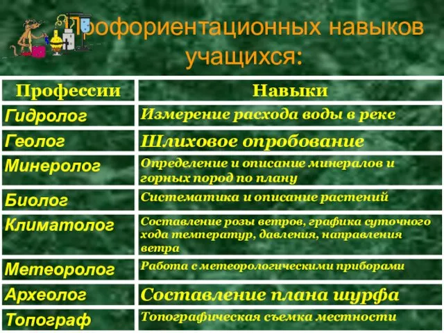 Профориентационных навыков учащихся: