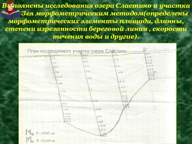 Выполнены исследования озера Сластино и участка реки Зея морфометрическим методом(определены морфометрических элементы