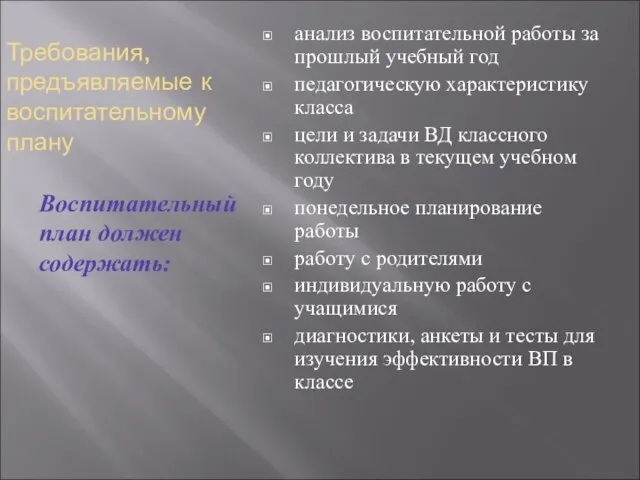 Требования, предъявляемые к воспитательному плану Воспитательный план должен содержать: анализ воспитательной работы