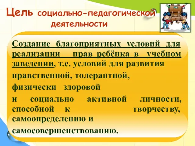 Цель социально-педагогической деятельности Создание благоприятных условий для реализации прав ребёнка в учебном