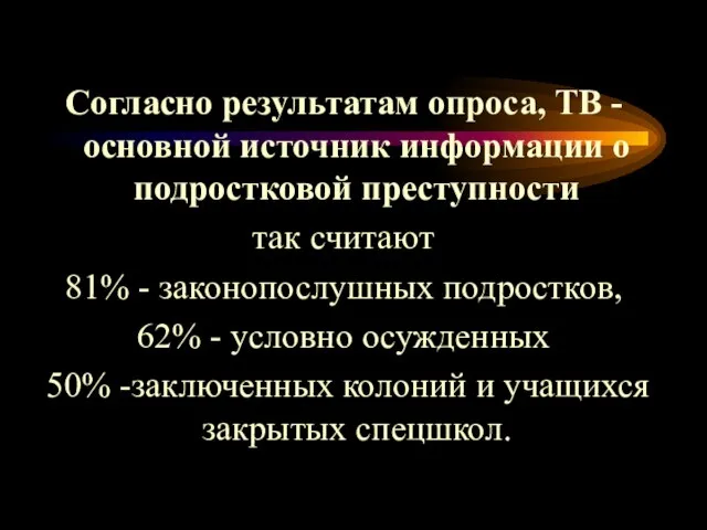 Согласно результатам опроса, ТВ - основной источник информации о подростковой преступности так