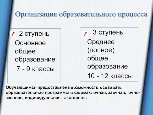 2 ступень Основное общее образование 7 - 9 классы 3 ступень Среднее