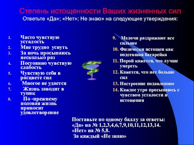 Степень истощенности Ваших жизненных сил Ответьте «Да»; «Нет»; Не знаю» на следующие