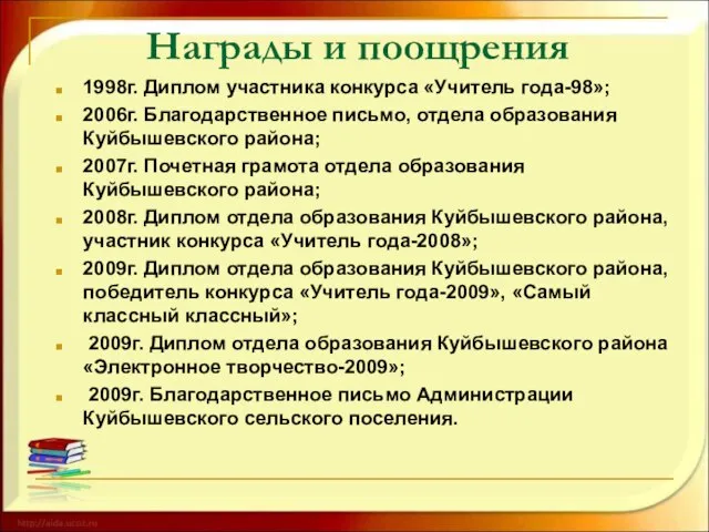 Награды и поощрения 1998г. Диплом участника конкурса «Учитель года-98»; 2006г. Благодарственное письмо,