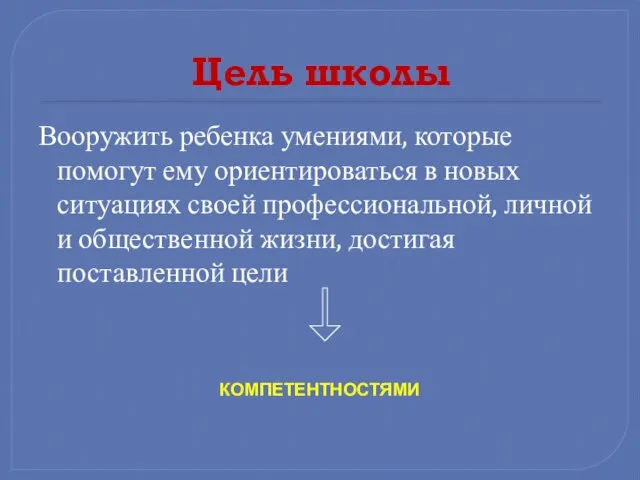 Цель школы Вооружить ребенка умениями, которые помогут ему ориентироваться в новых ситуациях