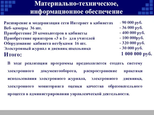 Материально-техническое, информационное обеспечение Расширение и модернизация сети Интернет в кабинетах Веб–камеры 36