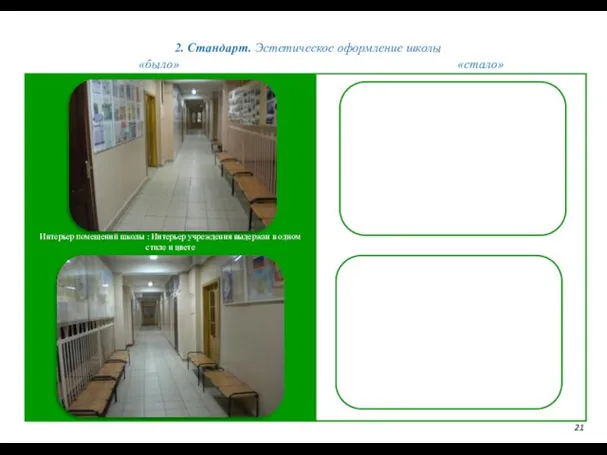 2. Стандарт. Эстетическое оформление школы 21 «было» «стало» Интерьер помещений школы :