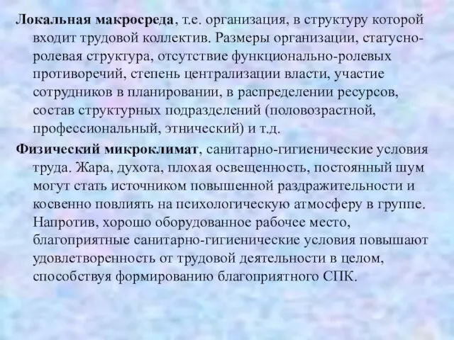 Локальная макросреда, т.е. организация, в структуру которой входит трудовой коллектив. Размеры организации,