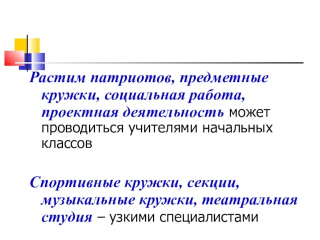 Растим патриотов, предметные кружки, социальная работа, проектная деятельность может проводиться учителями начальных