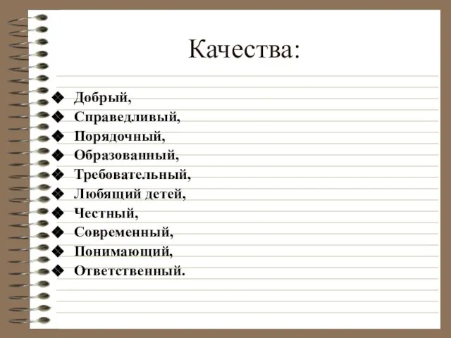 Качества: Добрый, Справедливый, Порядочный, Образованный, Требовательный, Любящий детей, Честный, Современный, Понимающий, Ответственный.