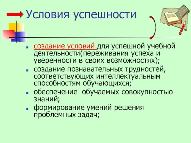 Условия успешности создание условий для успешной учебной деятельности(переживания успеха и уверенности в