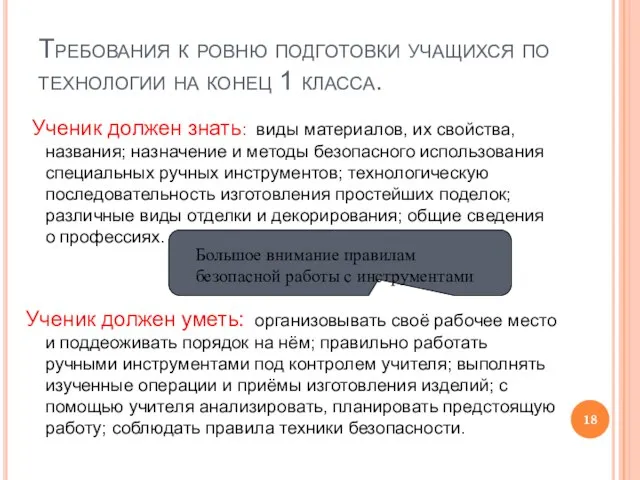 Требования к ровню подготовки учащихся по технологии на конец 1 класса. Ученик