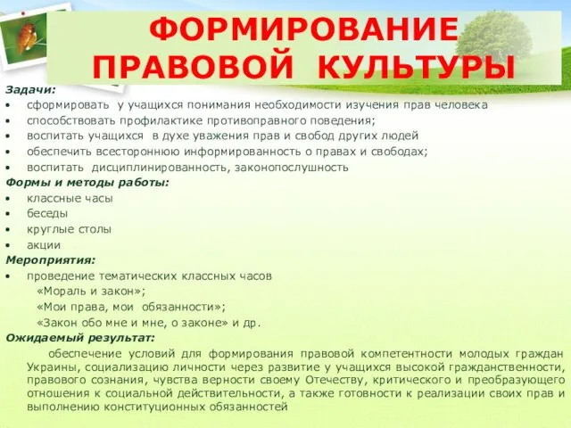 ФОРМИРОВАНИЕ ПРАВОВОЙ КУЛЬТУРЫ Задачи: сформировать у учащихся понимания необходимости изучения прав человека