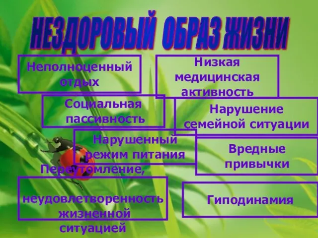 НЕЗДОРОВЫЙ ОБРАЗ ЖИЗНИ Неполноценный отдых Переутомление, неудовлетворенность жизненной ситуацией Социальная пассивность Нарушение