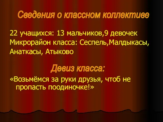 22 учащихся: 13 мальчиков,9 девочек Микрорайон класса: Сеспель,Малдыкасы, Анаткасы, Атыково «Возьмёмся за