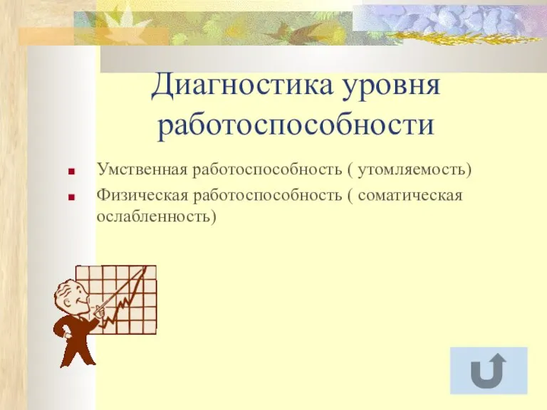 Диагностика уровня работоспособности Умственная работоспособность ( утомляемость) Физическая работоспособность ( соматическая ослабленность)