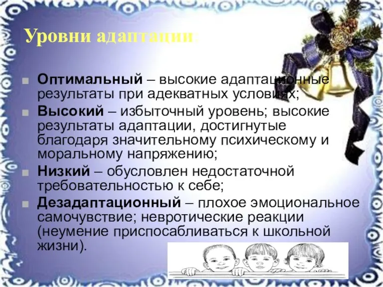 Уровни адаптации: Оптимальный – высокие адаптационные результаты при адекватных условиях; Высокий –