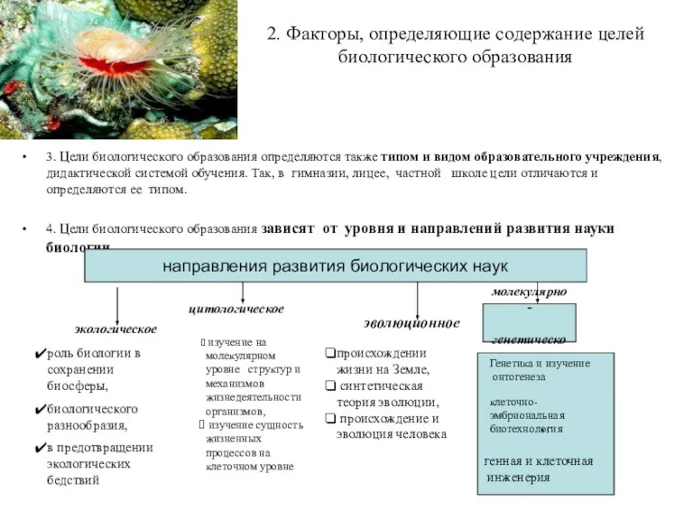 2. Факторы, определяющие содержание целей биологического образования 3. Цели биологического образования определяются